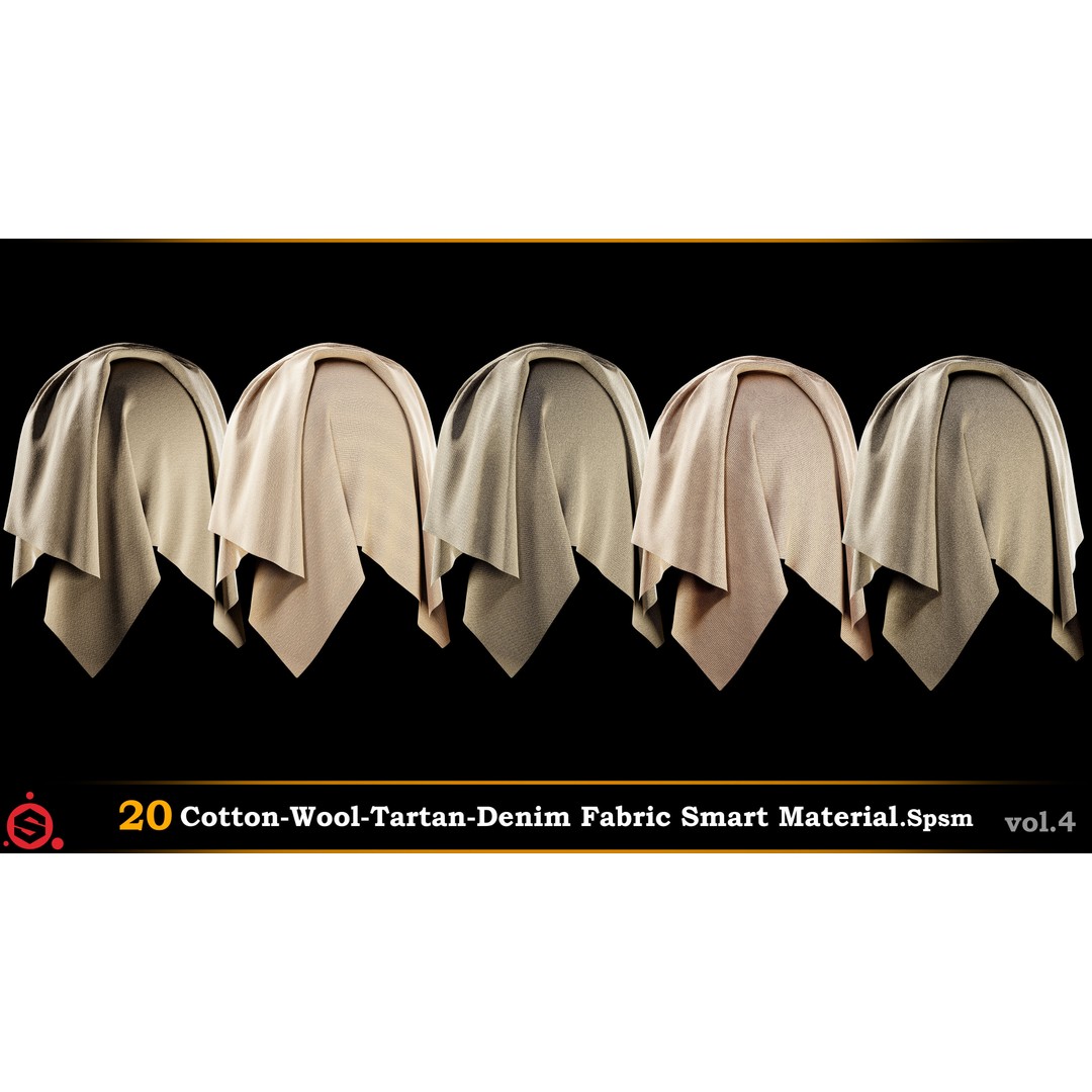 Cotton, Wool, Tartan & Denim Fabric Smart Materials 3D Model – PBR Textures, SPSM - View 3