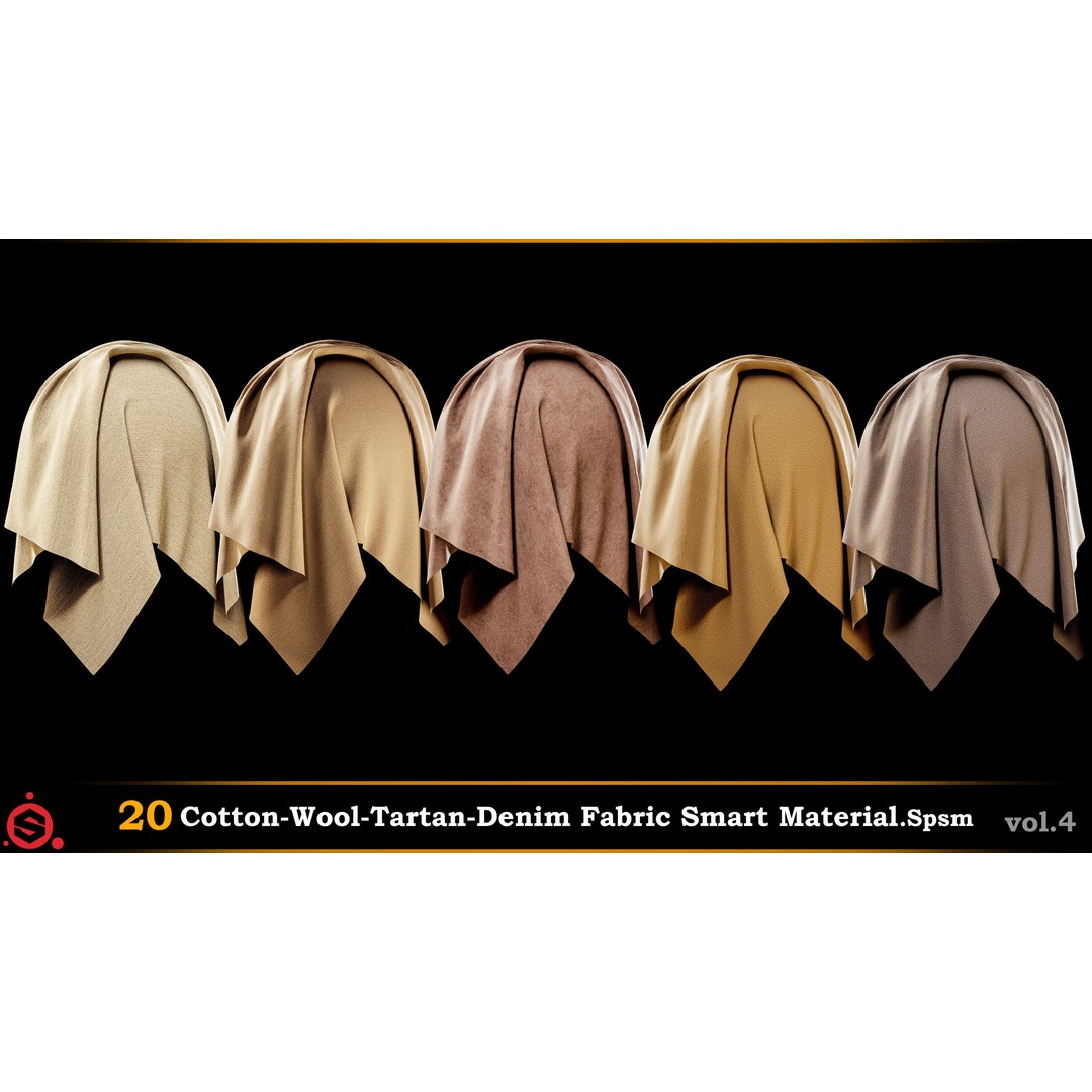 Cotton, Wool, Tartan & Denim Fabric Smart Materials 3D Model – PBR Textures, SPSM - View 4