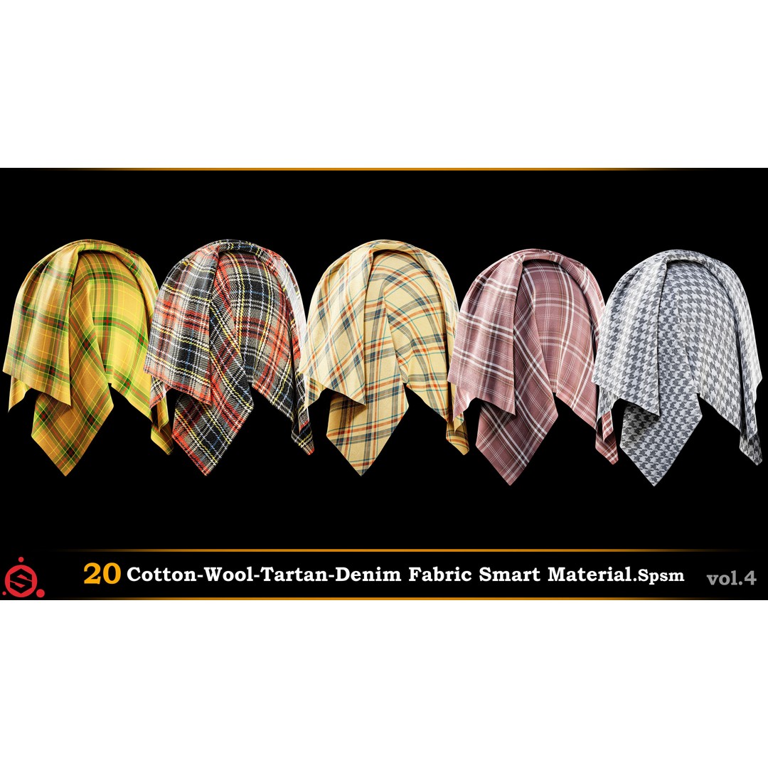 Cotton, Wool, Tartan & Denim Fabric Smart Materials 3D Model – PBR Textures, SPSM - View 6