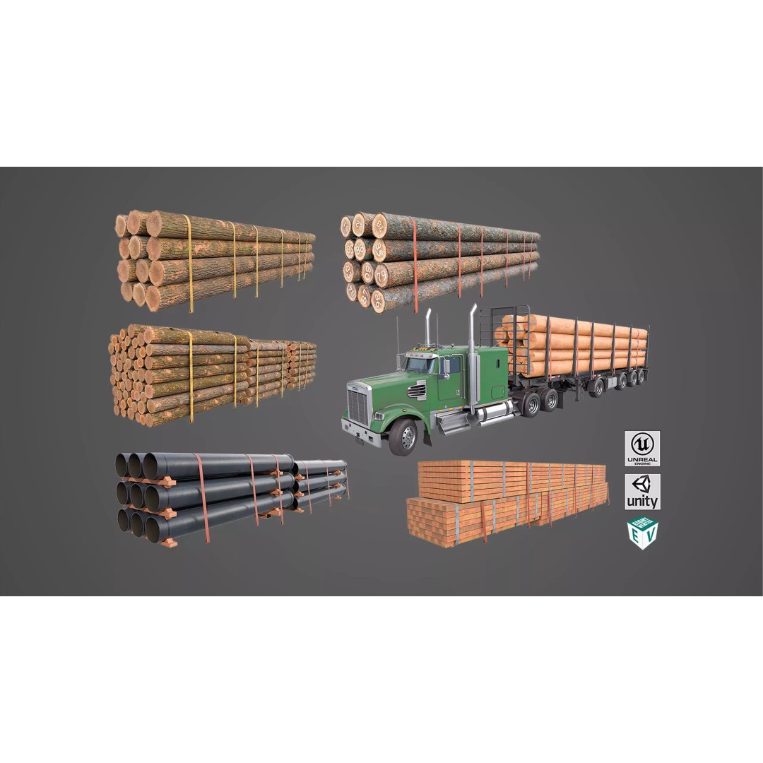Heavy Truck 3D Model – Low Poly Rigged Log Trailer with PBR Textures - View 2