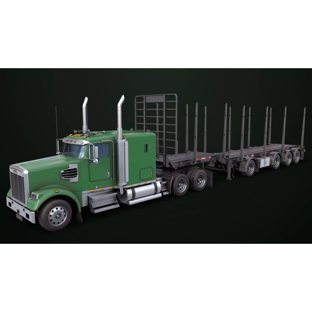 Heavy Truck 3D Model – Low Poly Rigged Log Trailer with PBR Textures - View 3