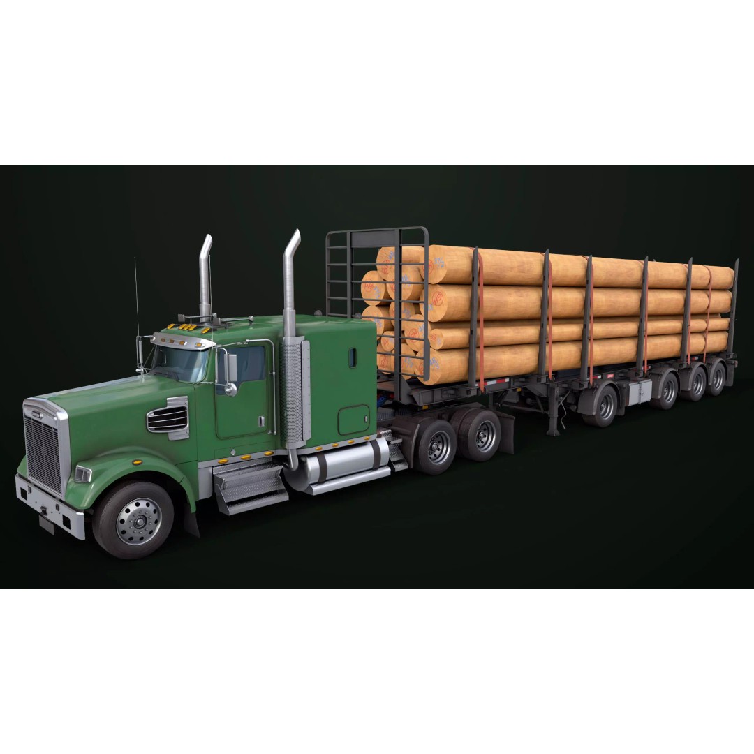 Heavy Truck 3D Model – Low Poly Rigged Log Trailer with PBR Textures - View 4
