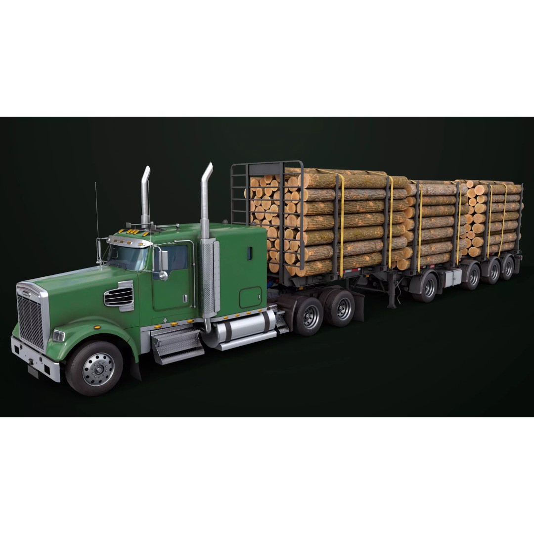 Heavy Truck 3D Model – Low Poly Rigged Log Trailer with PBR Textures - View 5