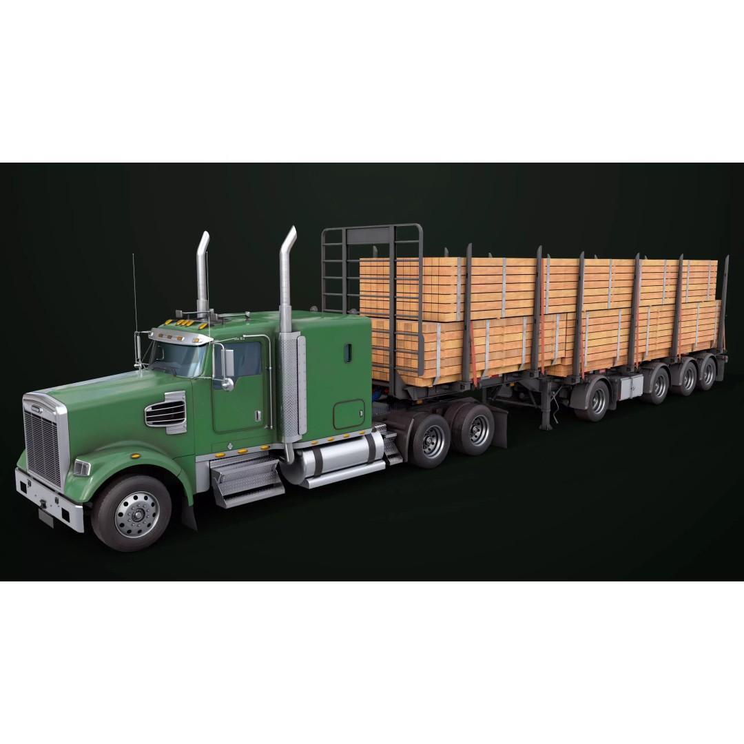 Heavy Truck 3D Model – Low Poly Rigged Log Trailer with PBR Textures - View 6