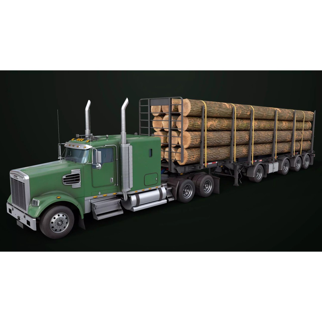 Heavy Truck 3D Model – Low Poly Rigged Log Trailer with PBR Textures - View 7