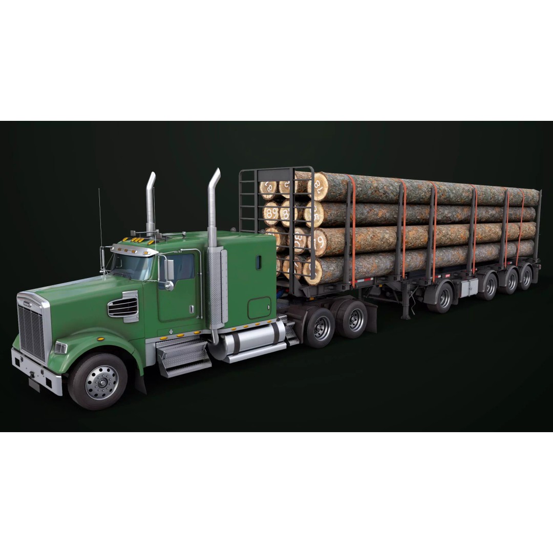 Heavy Truck 3D Model – Low Poly Rigged Log Trailer with PBR Textures - View 8