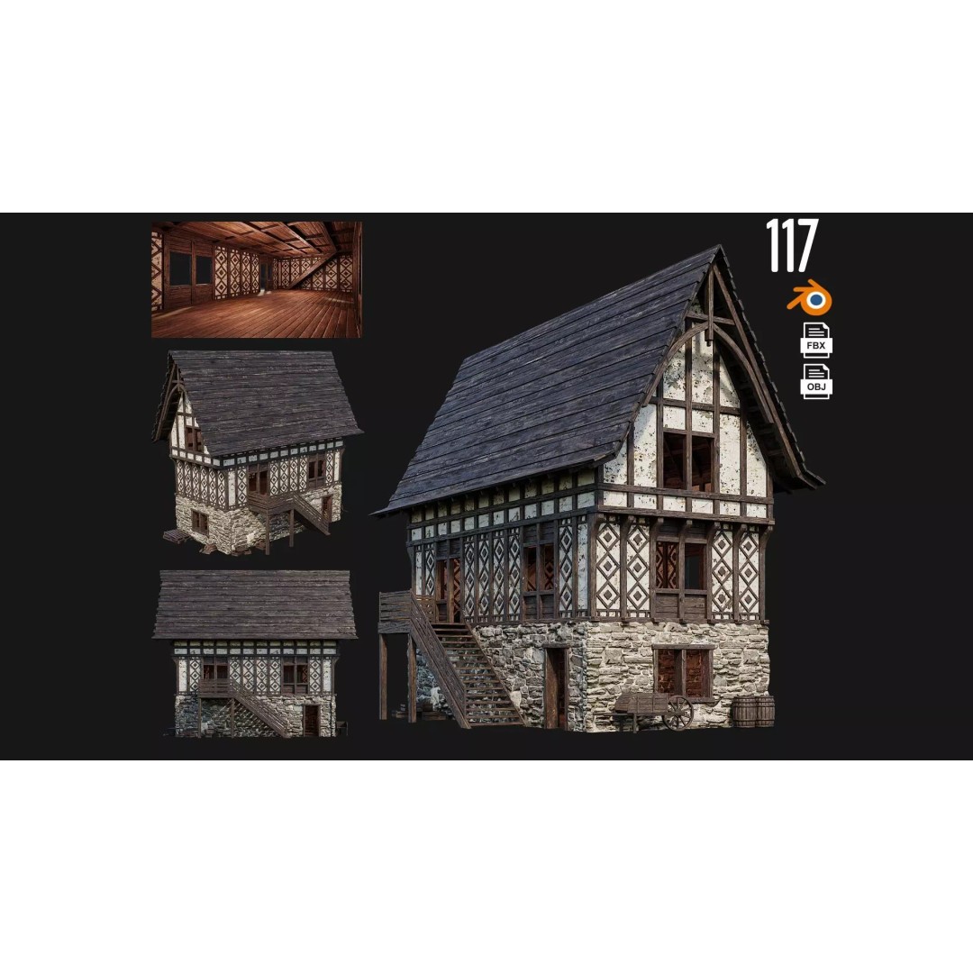 Old Medieval Building 3D Model – Low Poly Game Asset, FBX, OBJ, Blender - View 2