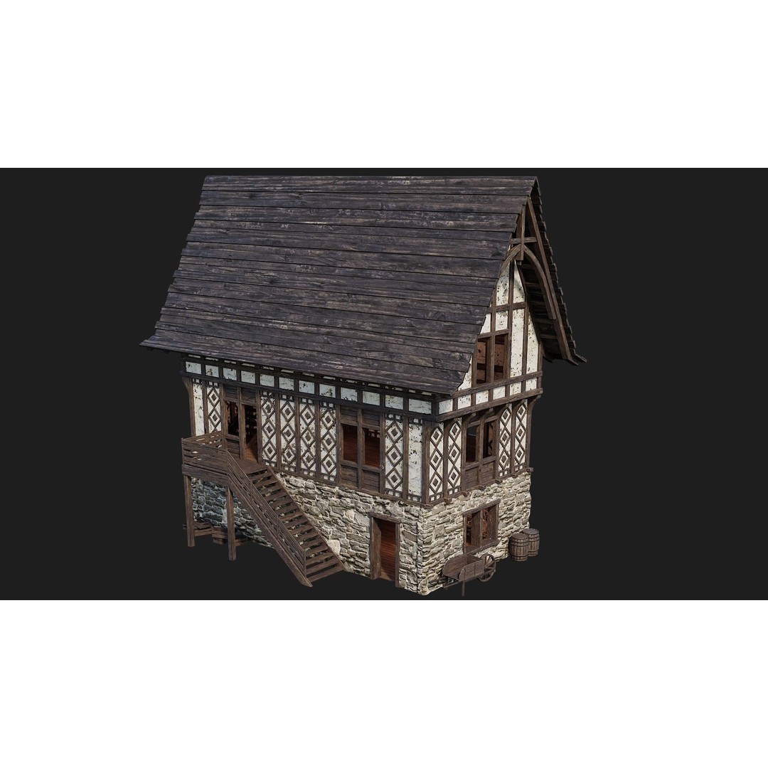 Old Medieval Building 3D Model – Low Poly Game Asset, FBX, OBJ, Blender - View 3