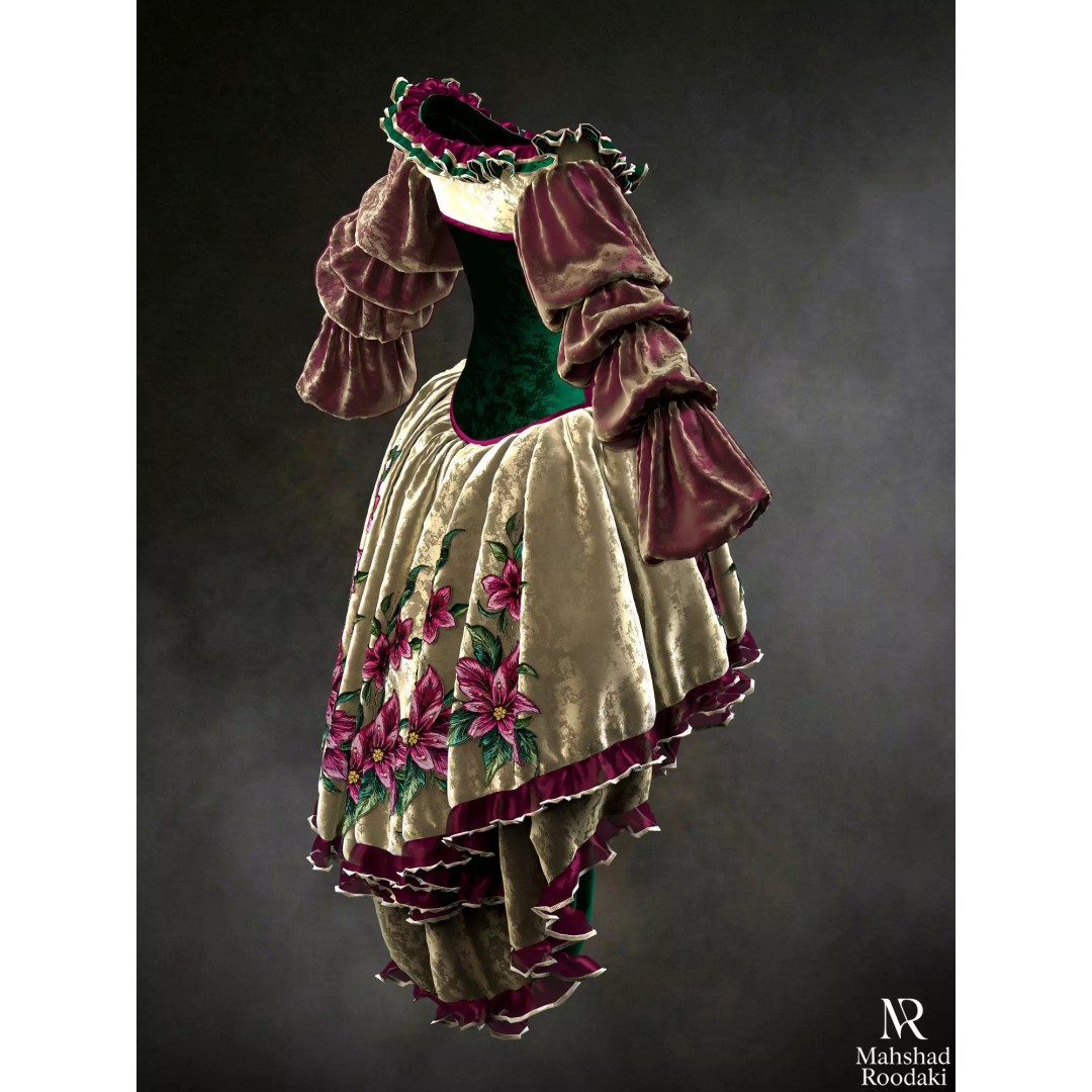 Emerald Rose Victorian Dress 3D Model – Elegant Historical Gown, PBR Ready - View 10