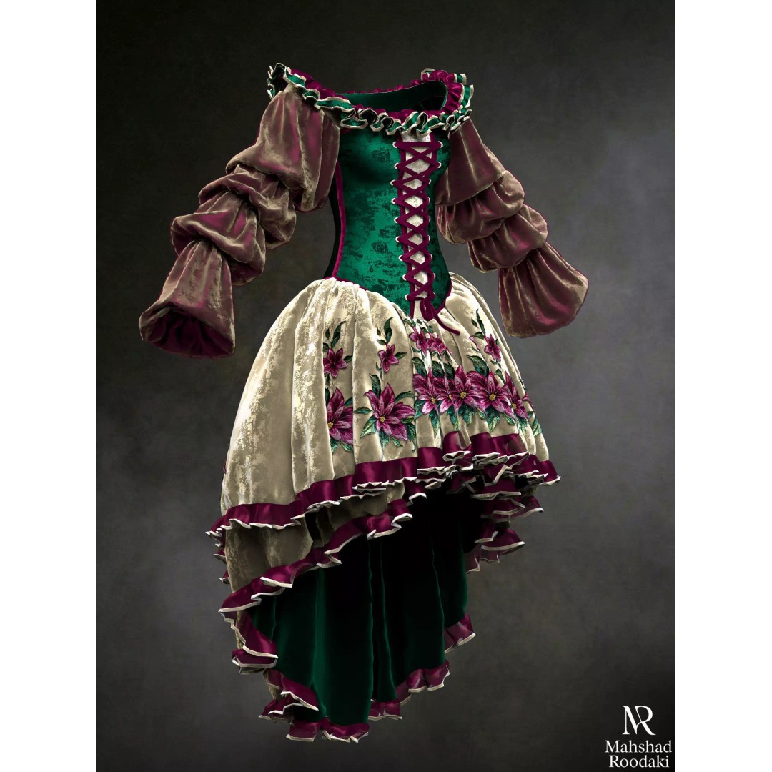 Emerald Rose Victorian Dress 3D Model – Elegant Historical Gown, PBR Ready - View 11