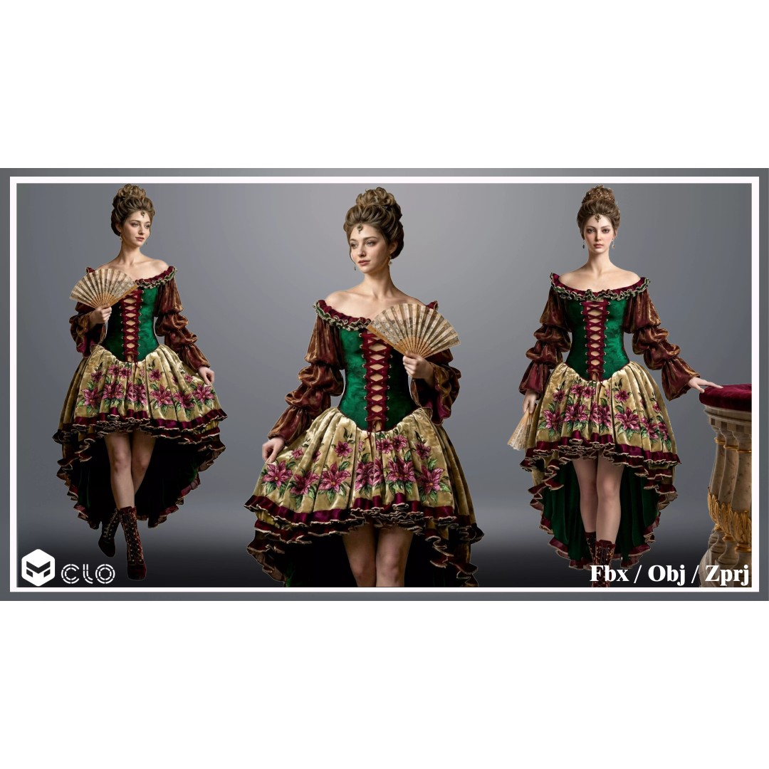 Emerald Rose Victorian Dress 3D Model – Elegant Historical Gown, PBR Ready - View 17