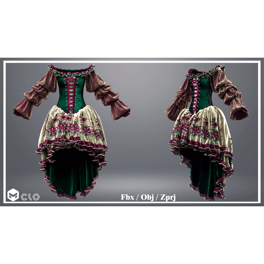 Emerald Rose Victorian Dress 3D Model – Elegant Historical Gown, PBR Ready - View 18