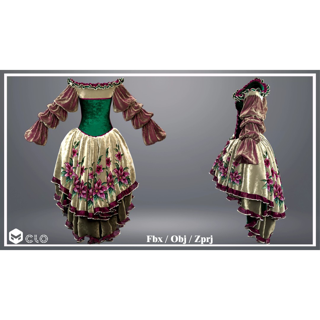 Emerald Rose Victorian Dress 3D Model – Elegant Historical Gown, PBR Ready - View 19
