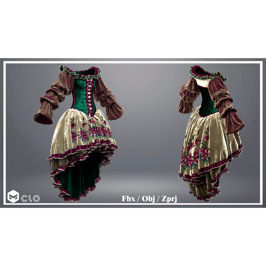 Emerald Rose Victorian Dress 3D Model – Elegant Historical Gown, PBR Ready - View 20