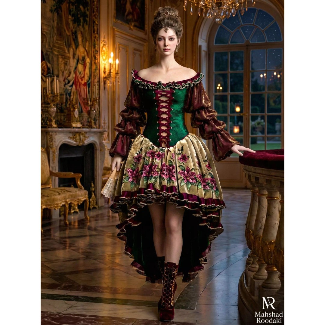 Emerald Rose Victorian Dress 3D Model – Elegant Historical Gown, PBR Ready - View 5
