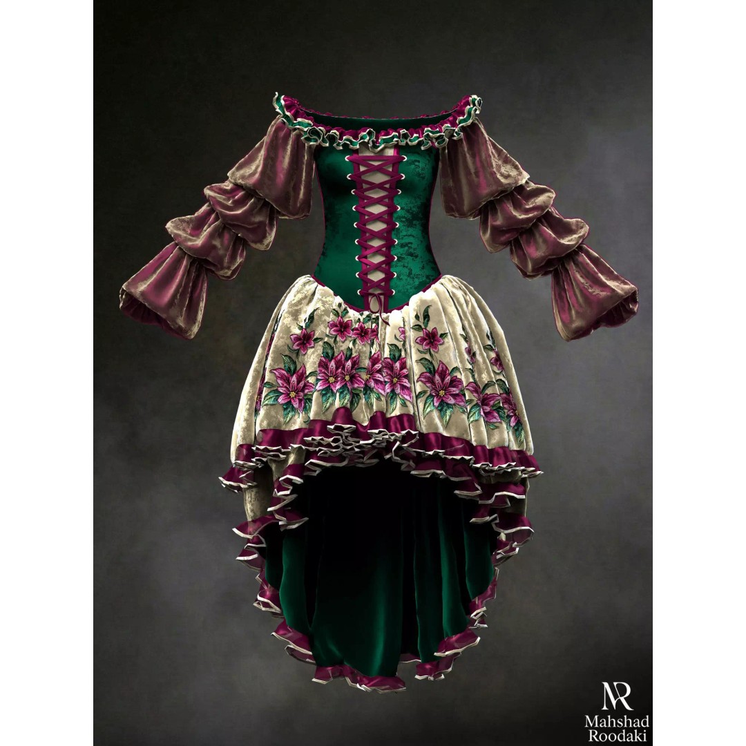 Emerald Rose Victorian Dress 3D Model – Elegant Historical Gown, PBR Ready - View 6