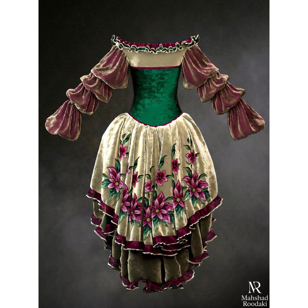 Emerald Rose Victorian Dress 3D Model – Elegant Historical Gown, PBR Ready - View 7