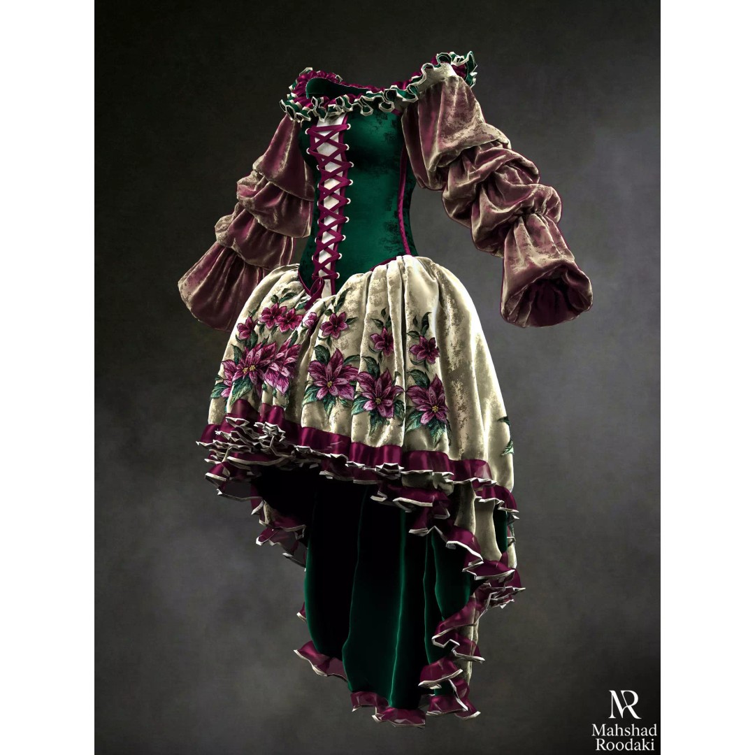 Emerald Rose Victorian Dress 3D Model – Elegant Historical Gown, PBR Ready - View 8