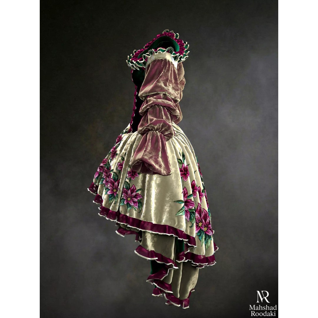 Emerald Rose Victorian Dress 3D Model – Elegant Historical Gown, PBR Ready - View 9