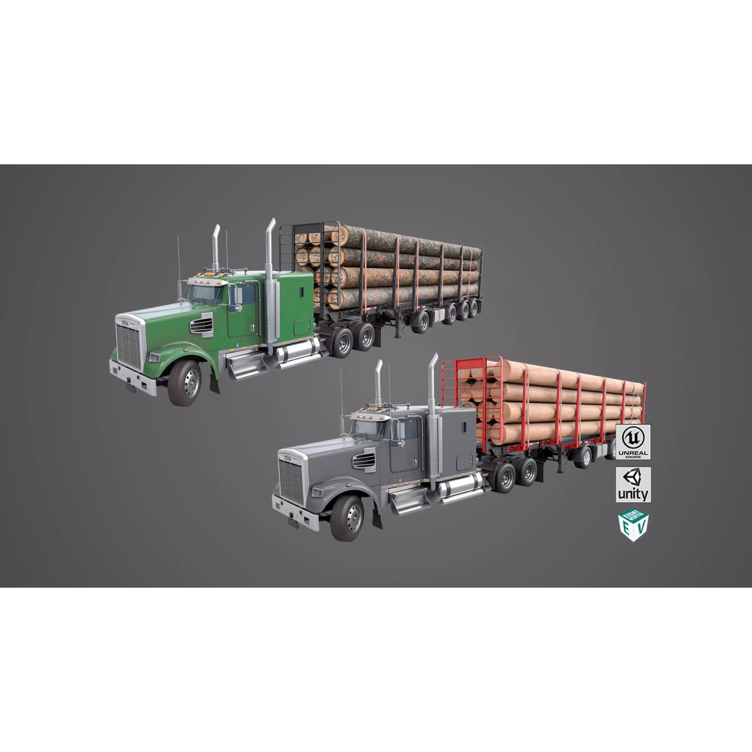 Truck 07 Log Trailer 3D Model – Low Poly PBR Game Asset, FBX - View 2
