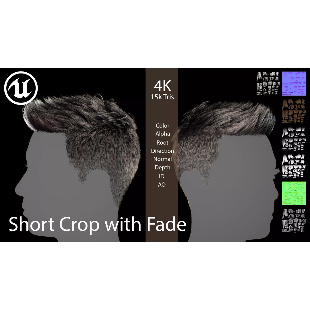 Short Crop Fade Hair 3D Model – Game Ready Low Poly Asset, FBX - View 2