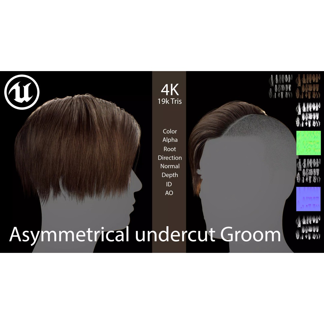 Asymmetrical Undercut Hair 3D Model – Game-Ready Low Poly Asset, FBX, OBJ - View 2