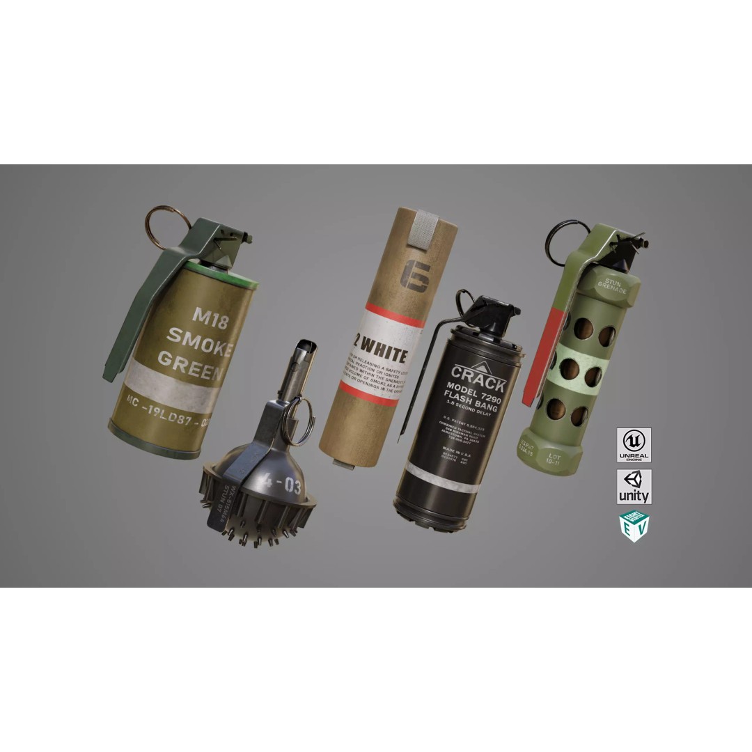 Smoke and Flash Grenades 3D Model – Low Poly PBR Game Asset, FBX - View 2