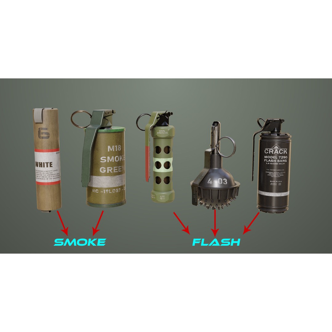 Smoke and Flash Grenades 3D Model – Low Poly PBR Game Asset, FBX - View 3