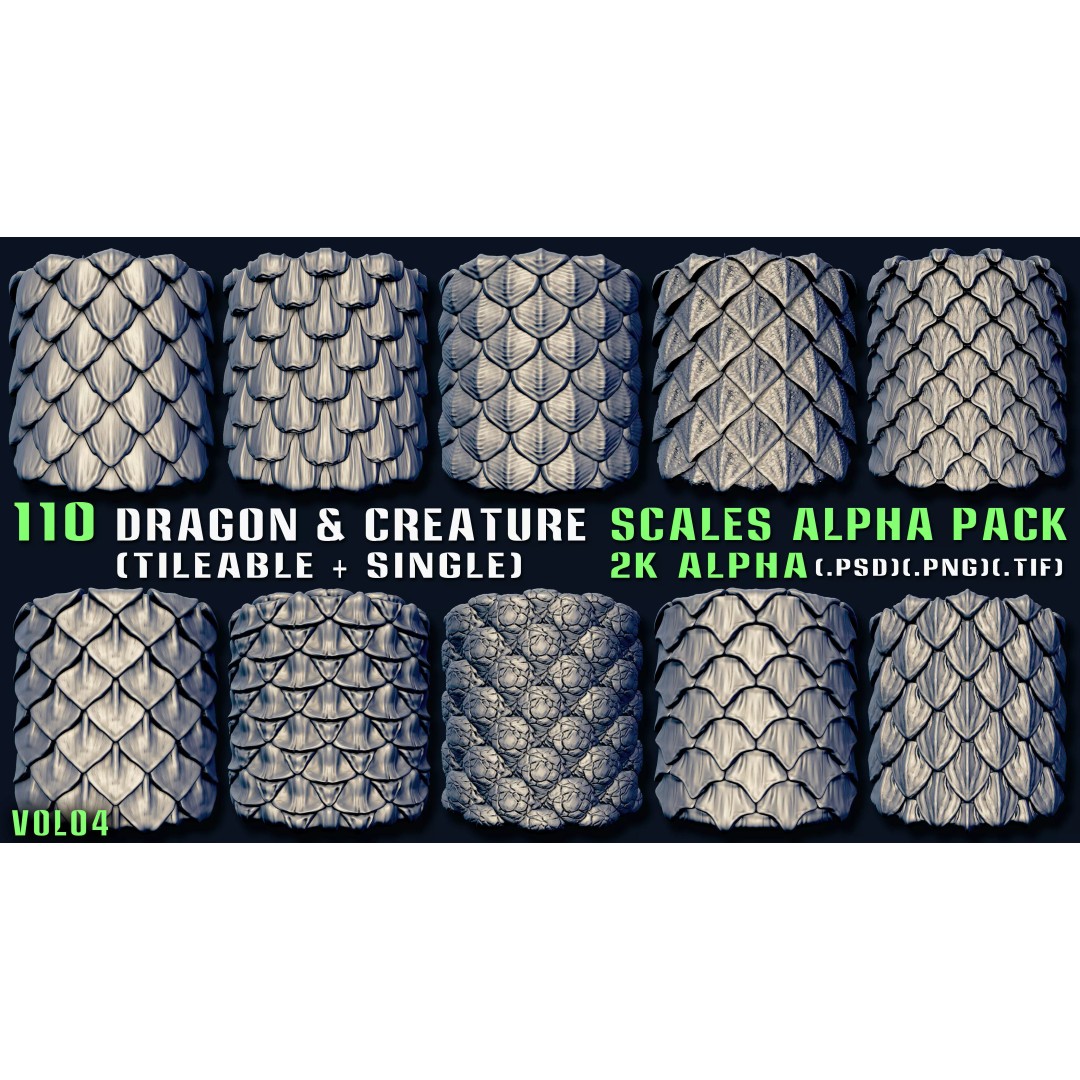 Dragon and Creature Alpha Pack 3D Model – Tileable & Single Alphas - View 2