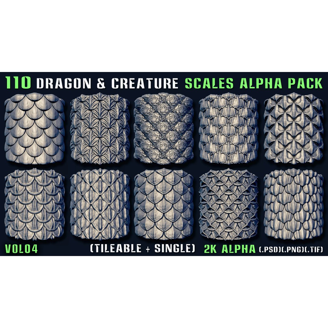 Dragon and Creature Alpha Pack 3D Model – Tileable & Single Alphas - View 3