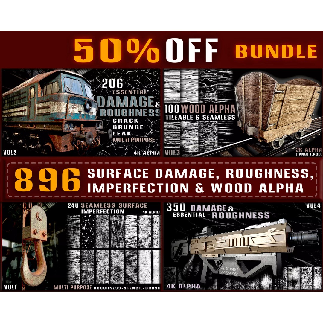 Surface Damage & Wood Alpha Textures 3D Model – 896 High-Quality Alphas