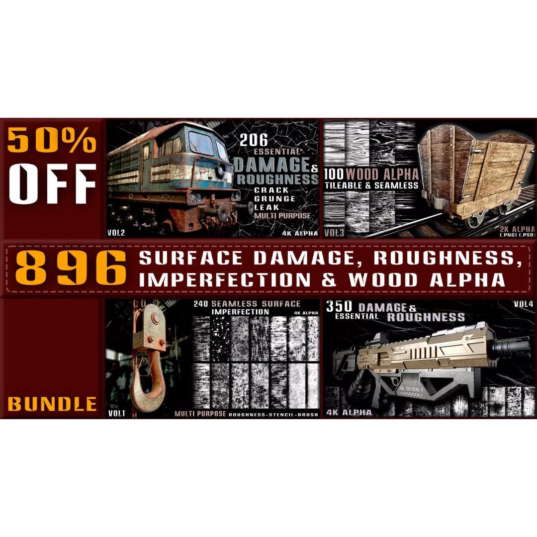 Surface Damage & Wood Alpha Textures 3D Model – 896 High-Quality Alphas - View 2
