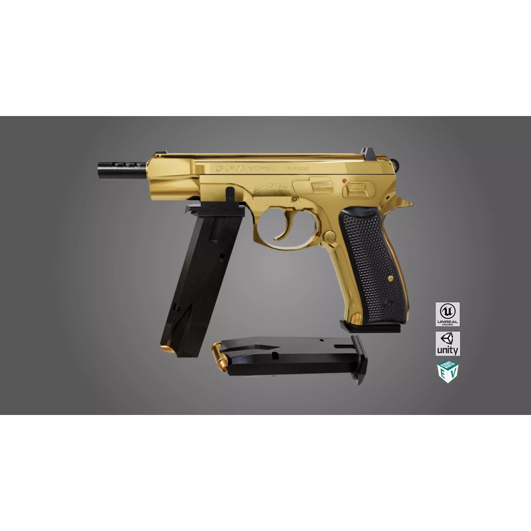 Pistol 09 Gold 3D Model – Low Poly Game Ready Gun with PBR Textures - View 2