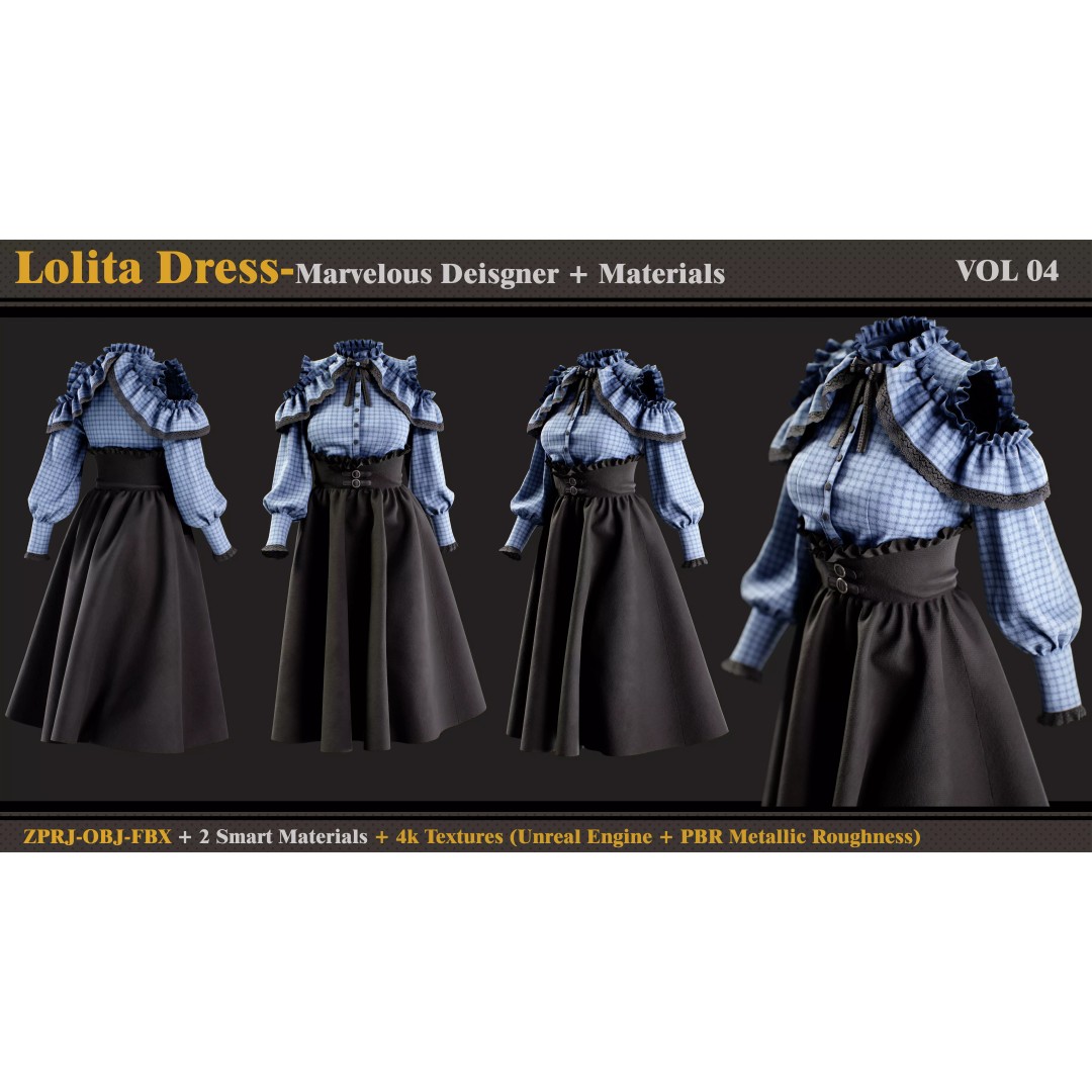 Lolita Dress 3D Model – Stylish Female Outfit with PBR Textures, FBX & OBJ - View 2