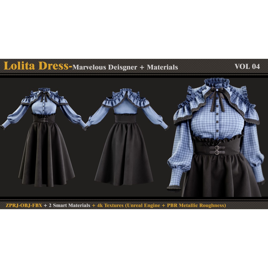 Lolita Dress 3D Model – Stylish Female Outfit with PBR Textures, FBX & OBJ - View 3