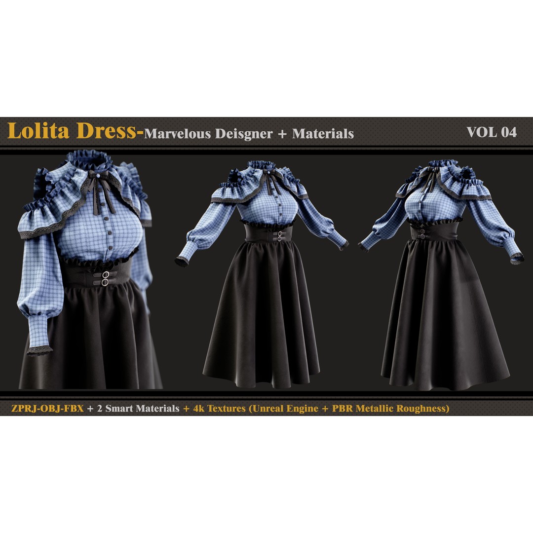 Lolita Dress 3D Model – Stylish Female Outfit with PBR Textures, FBX & OBJ - View 4