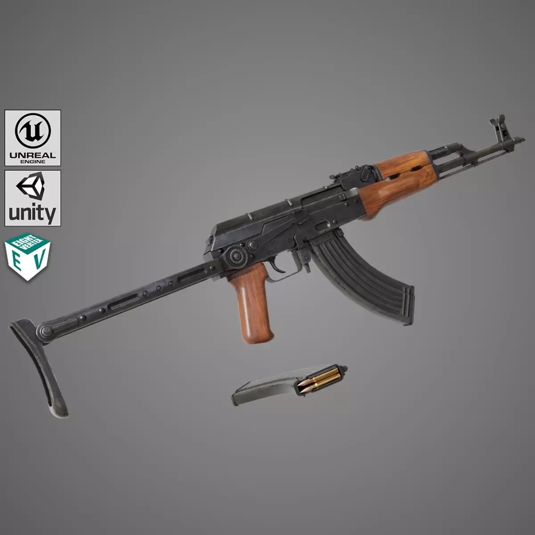 AKMS Light Machine Gun 3D Model – Low Poly PBR Game Asset, FBX - View 2
