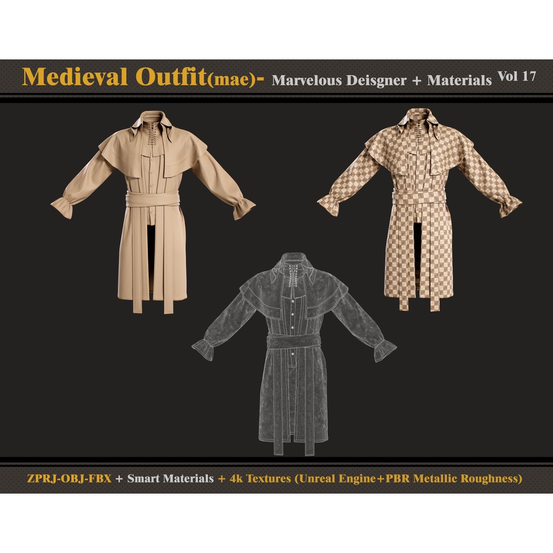 Medieval Outfit 3D Model – Gothic Male Clothing with Textures, FBX, OBJ