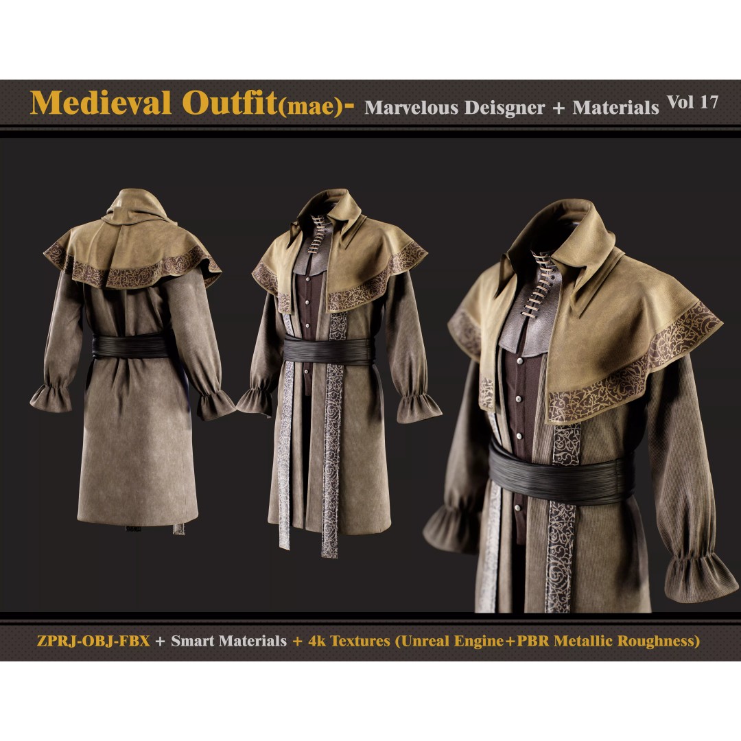 Medieval Outfit 3D Model – Gothic Male Clothing with Textures, FBX, OBJ - View 2