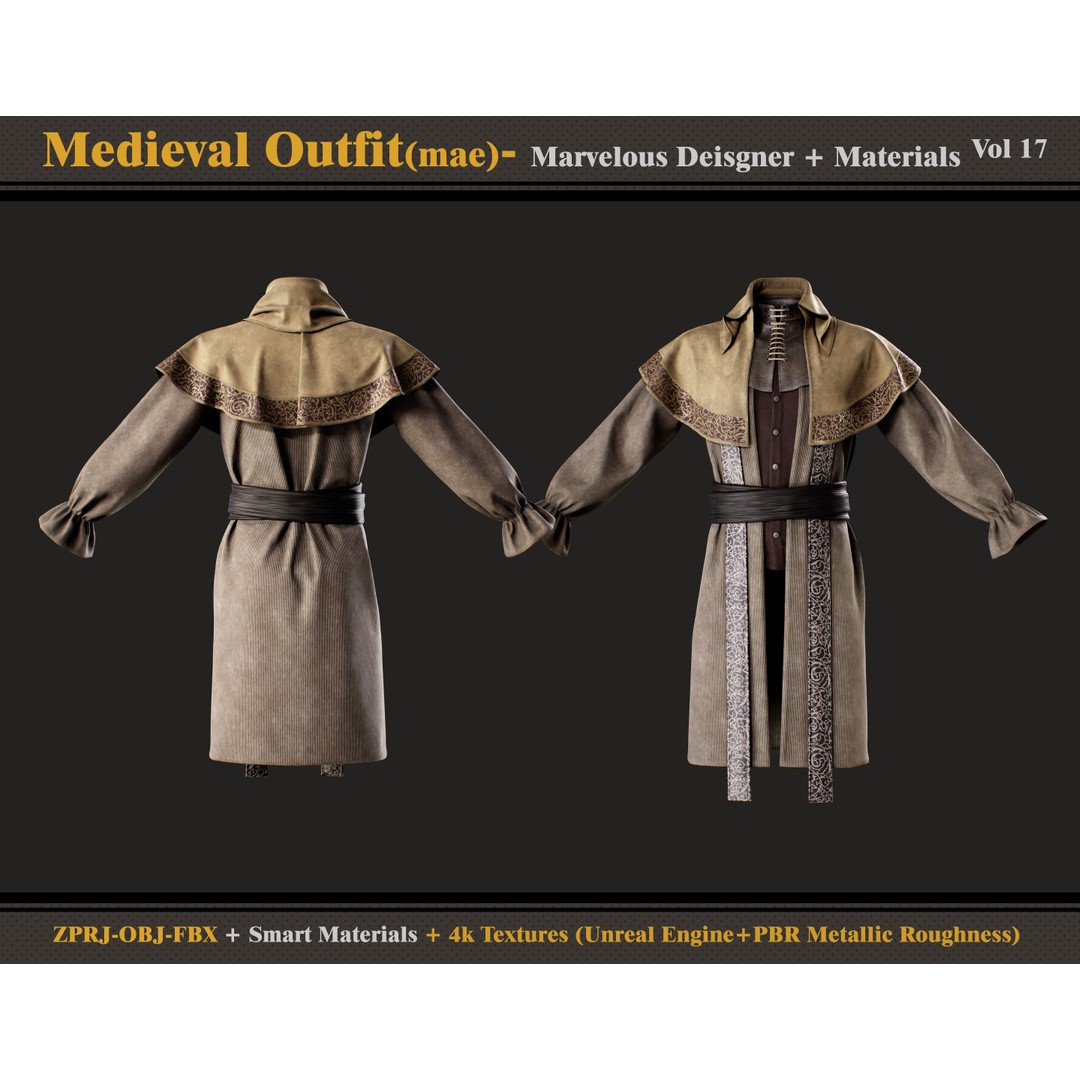 Medieval Outfit 3D Model – Gothic Male Clothing with Textures, FBX, OBJ - View 3