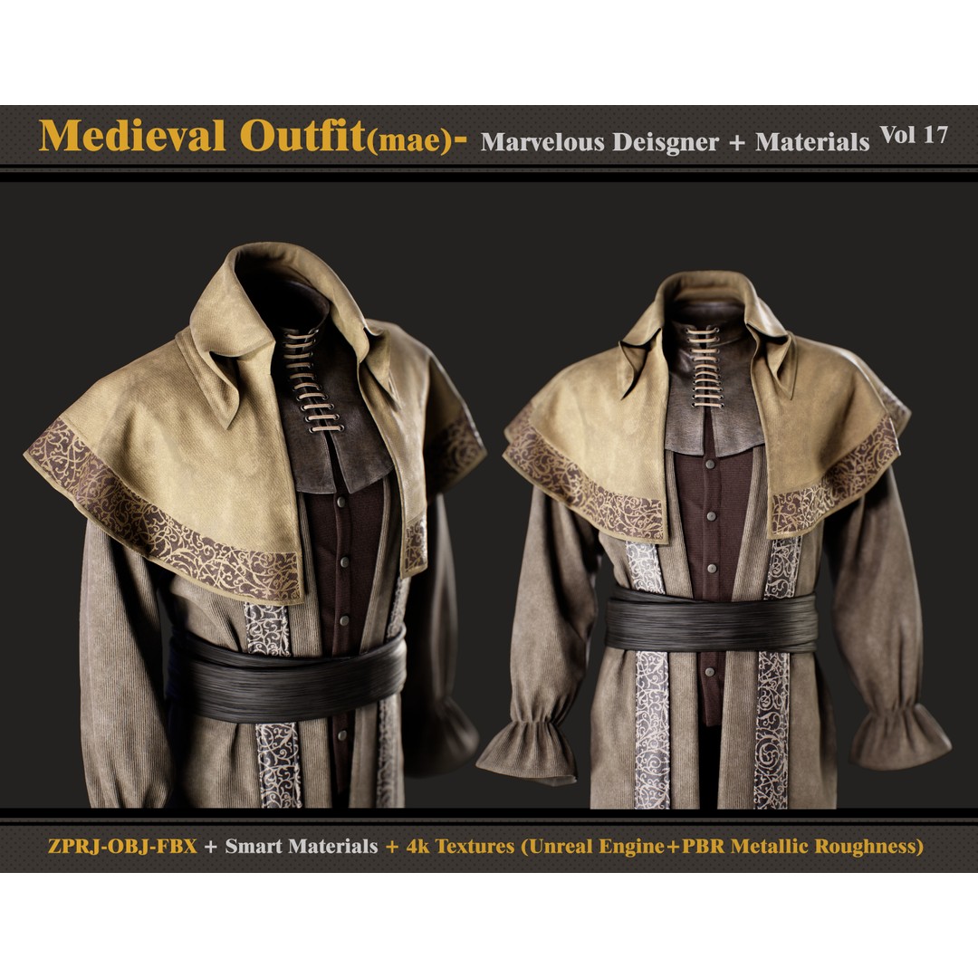 Medieval Outfit 3D Model – Gothic Male Clothing with Textures, FBX, OBJ - View 4