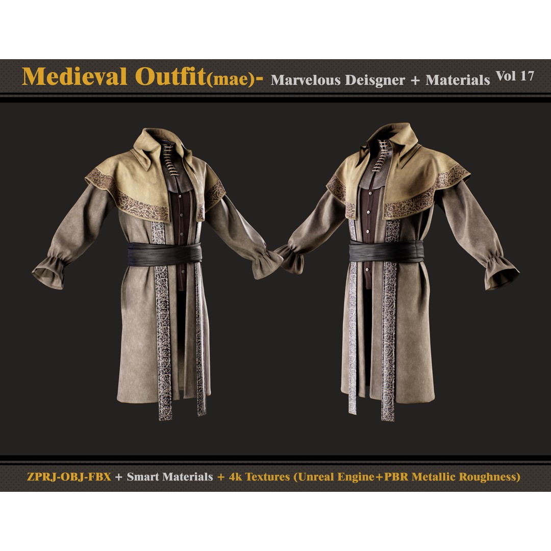 Medieval Outfit 3D Model – Gothic Male Clothing with Textures, FBX, OBJ - View 5