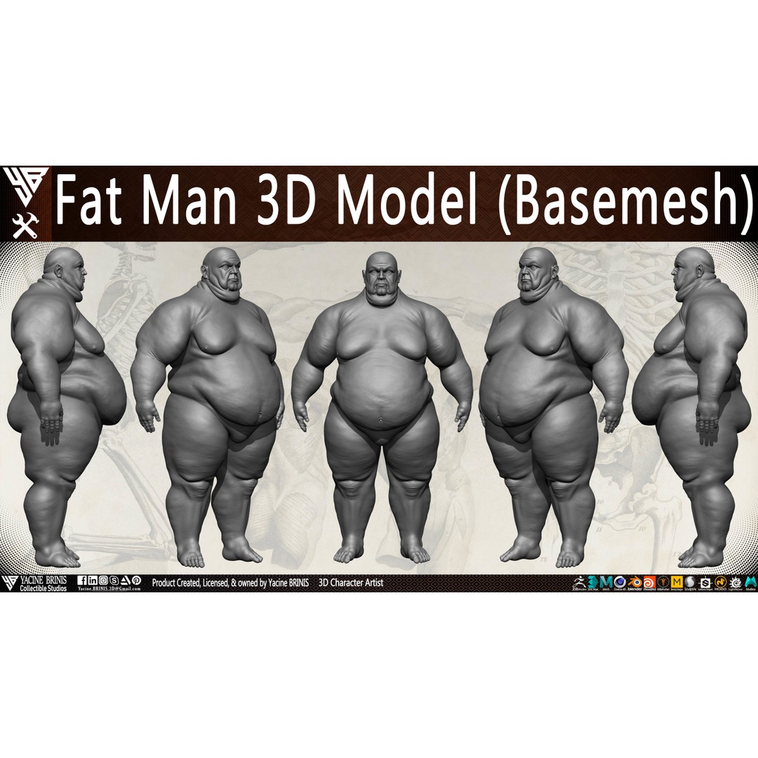 Fat Man 3D Model – Low Poly BaseMesh for Games, FBX, OBJ - View 16