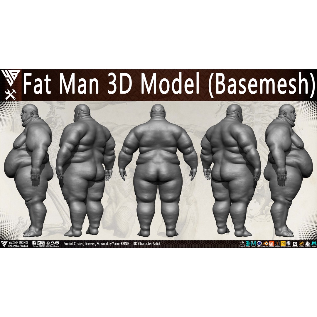 Fat Man 3D Model – Low Poly BaseMesh for Games, FBX, OBJ - View 17