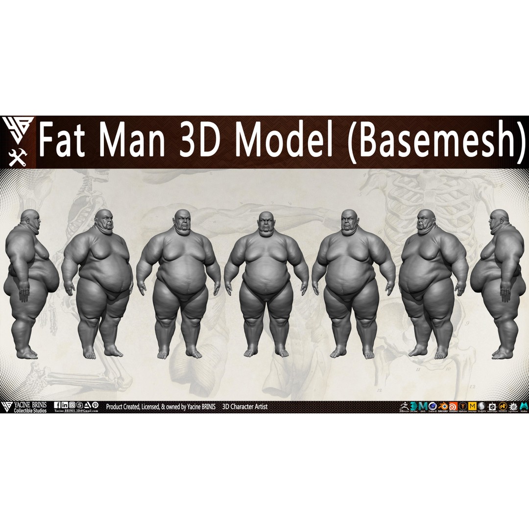 Fat Man 3D Model – Low Poly BaseMesh for Games, FBX, OBJ - View 18