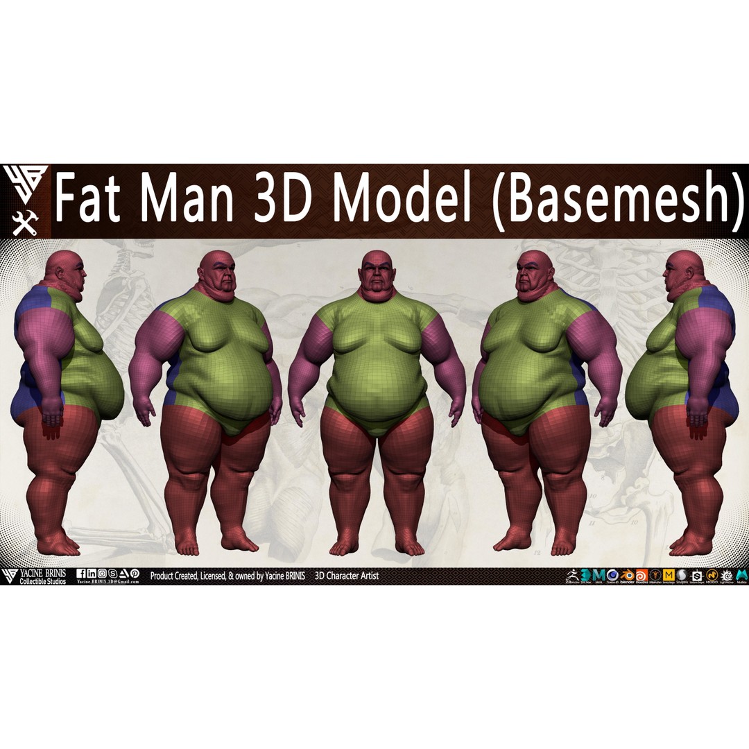 Fat Man 3D Model – Low Poly BaseMesh for Games, FBX, OBJ - View 19