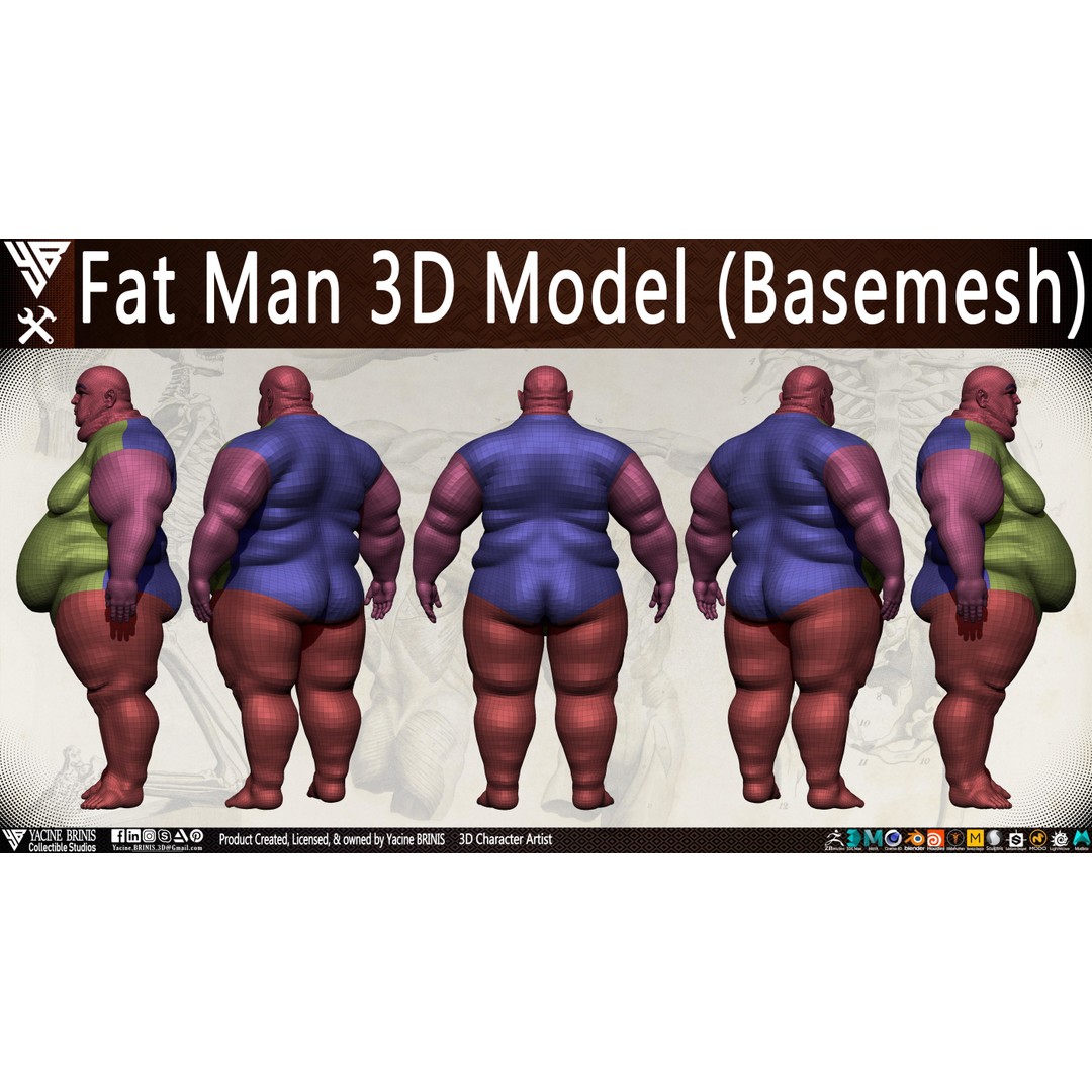 Fat Man 3D Model – Low Poly BaseMesh for Games, FBX, OBJ - View 20