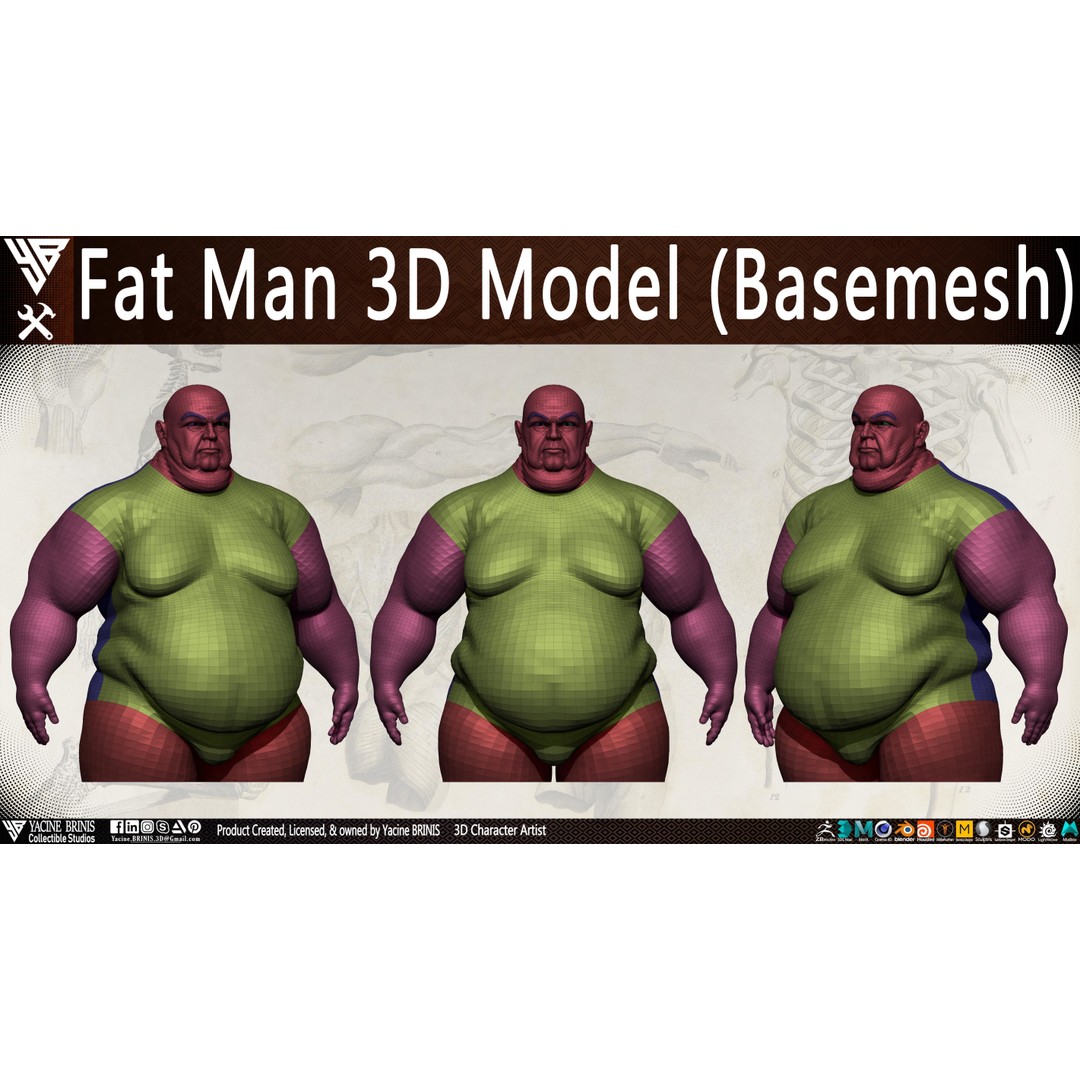 Fat Man 3D Model – Low Poly BaseMesh for Games, FBX, OBJ - View 21