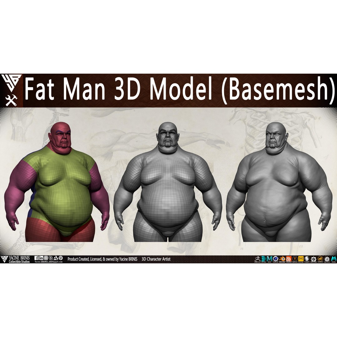 Fat Man 3D Model – Low Poly BaseMesh for Games, FBX, OBJ - View 22