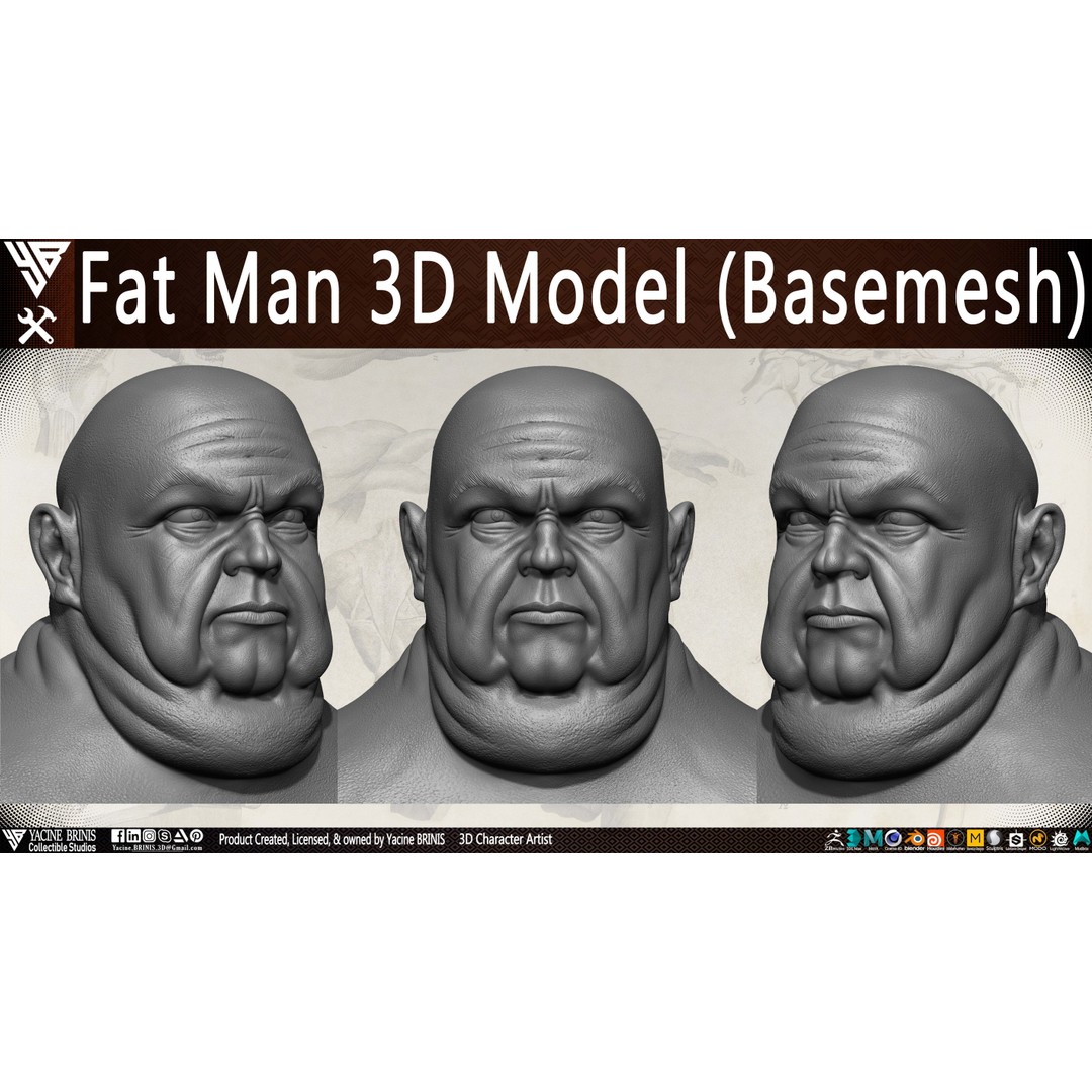 Fat Man 3D Model – Low Poly BaseMesh for Games, FBX, OBJ - View 23
